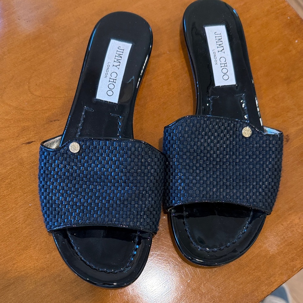 Jimmy Choo Black Woven Patent Slide Mules with Gold Studs